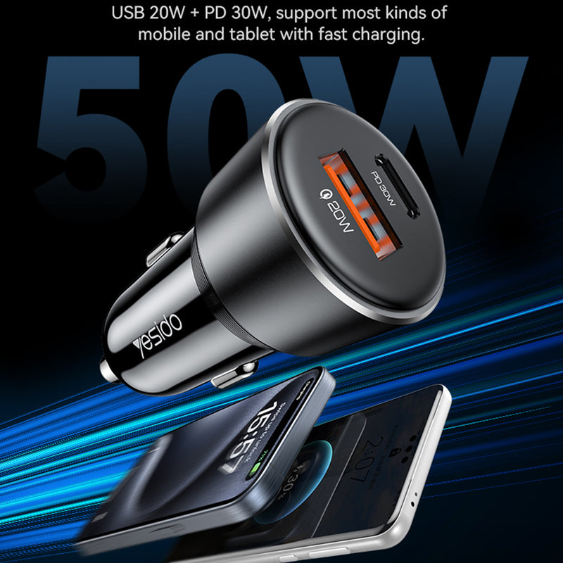 Car Charger, USB-A + Type-C, Fast Charging, 50W - Black