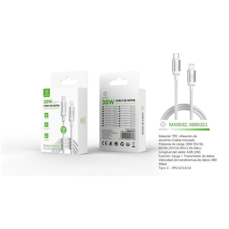 Cable de datos Tipo-C a Lightning 30W 2m - BLANCO - MX0032 BL