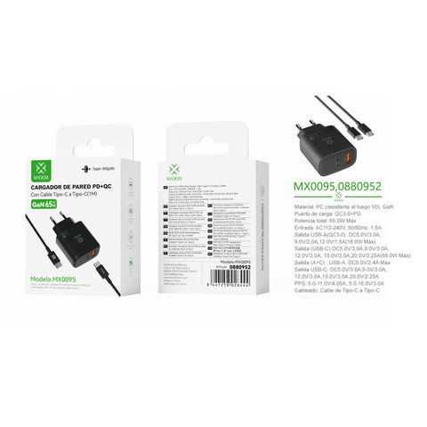 Cargador de pared UE QC+PD GaN de 65 W con cable C-C (negro) - MX0095 NE