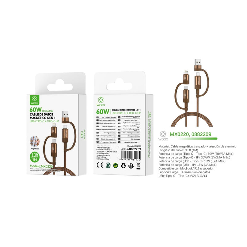 Cable de Dados 4 en 1 MX0220 USB+Tipo C a 60W Tipo C + 30W Lightning 1m - marron - MX0220