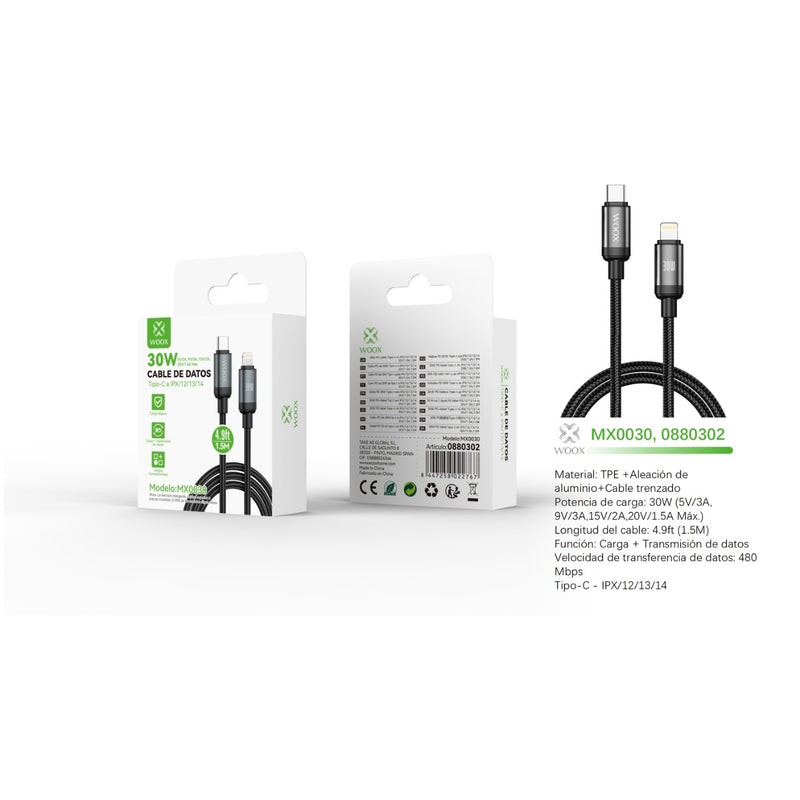 Cable de datos Tipo-C a Lightning 30W 1,5 m - negro - MX0030 NE