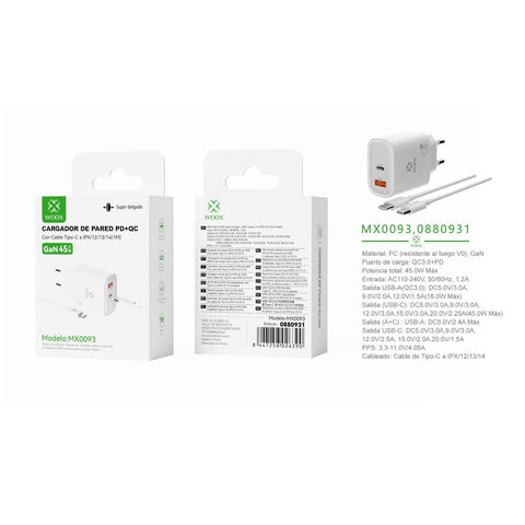 Cargador de pared UE QC+PD GaN de 45 W con cable C-Lightning (blanco) - MX0093 BL