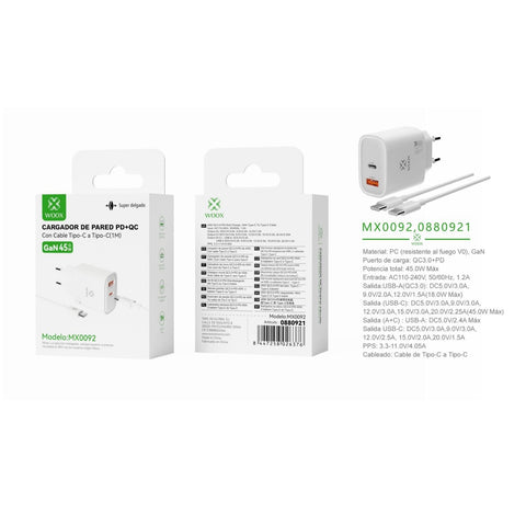 Cargador de pared UE QC+PD GaN de 45 W con cable C-C (blanco) - MX0092 BL